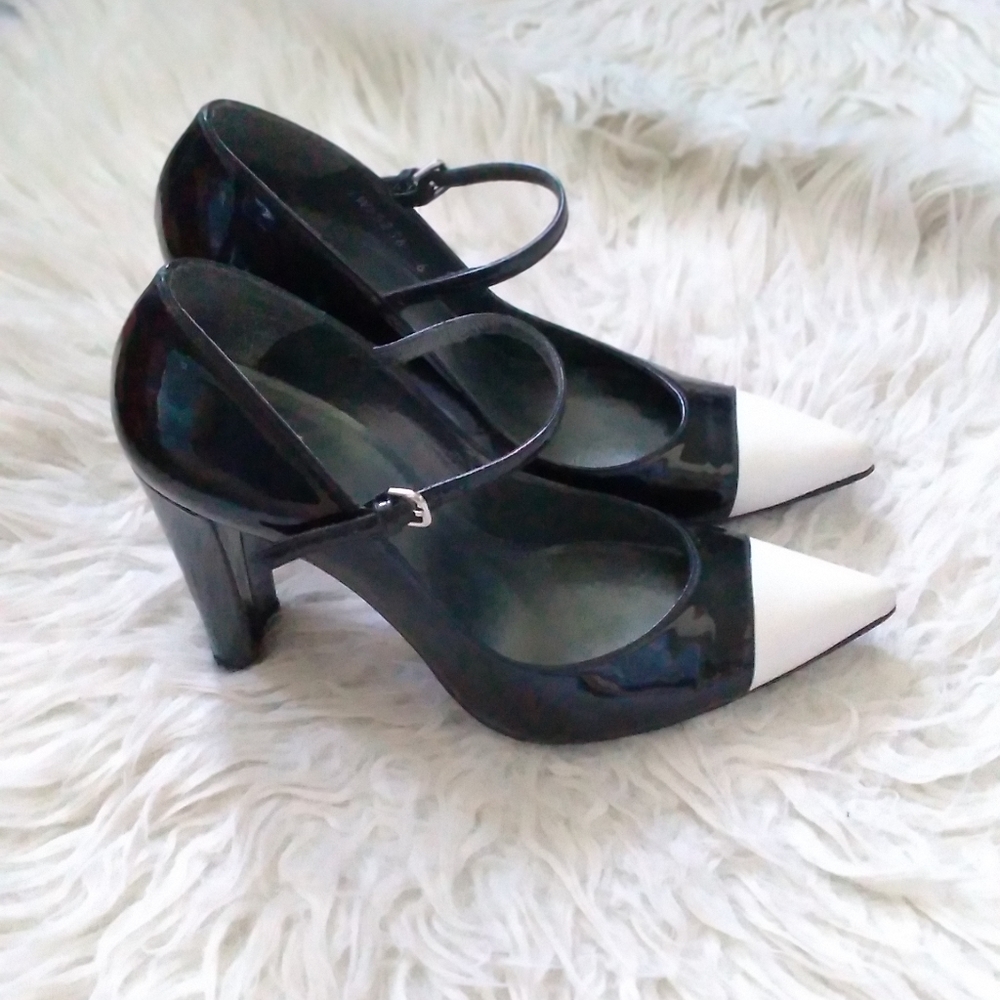 Stuart Weitzman strap heel black and white patent